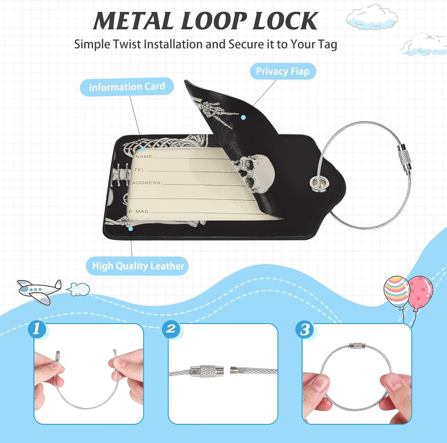 3 Pack Luggage Tag for Suitcase,Rock Roll Skeleton Leather Luggage Tags with Privacy Cover Name ID Label Identifiers Travel Bag Tags for Women Men Boys Girls