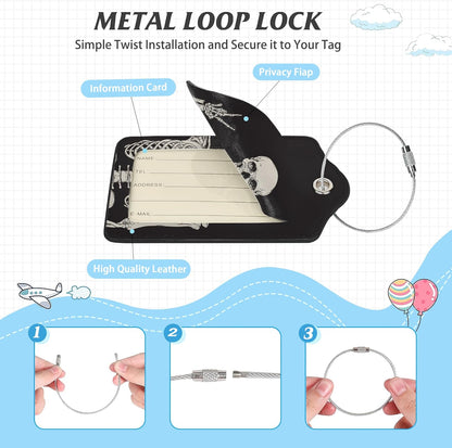 3 Pack Luggage Tag for Suitcase,Rock Roll Skeleton Leather Luggage Tags with Privacy Cover Name ID Label Identifiers Travel Bag Tags for Women Men Boys Girls