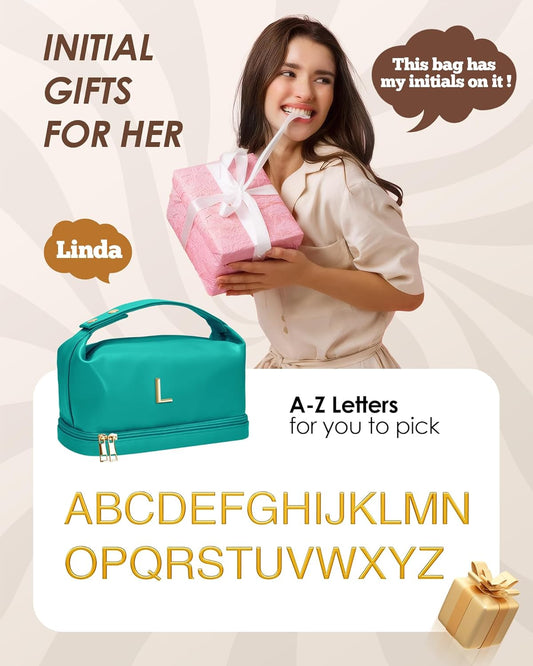 Women Gift Ideas for Her, Personalized Makeup Bag with Handle, Initial Double Layer Cosmetic Bag with Makeup Brush Organizer, Cute Cosmetic Pouch for Women, Gift for Friends Female Mom