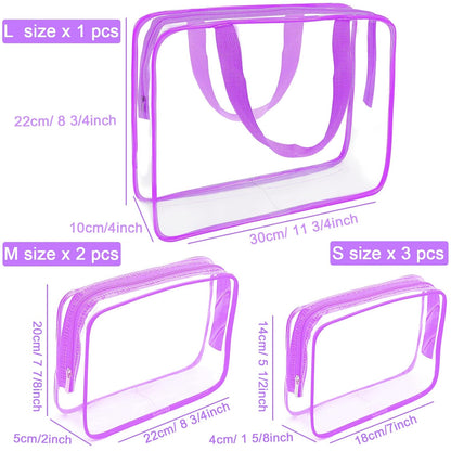 APREUTY Clear Makeup Bags, TSA Approved 6 Pcs Cosmetic Makeup Bags Set Clear PVC with Zipper Handle Portable Travel Luggage Pouch Airport Airline Vacation Organization (Purple)