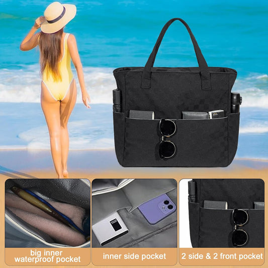 LEDAOU Beach Bag Waterproof Sandproof Women Tote Bag Pool Bag with Zipper for Gym Grocery Travel with Wet Pocket