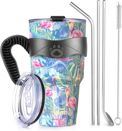 30 oz Spill Proof Tumbler with Handle, 100% Leak-Proof, Cupholder Friendly Insulated Cup with Straw, Double Wall Powder Coated Stainless Steel Tumbler, Ideal Gift for All Occasions (Flamingo)