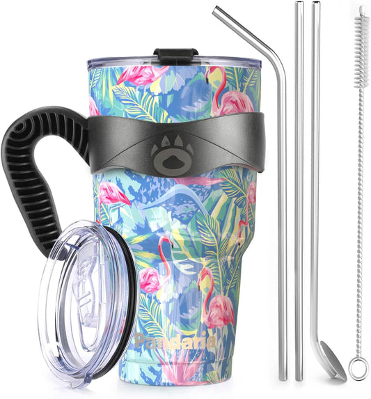 30 oz Spill Proof Tumbler with Handle, 100% Leak-Proof, Cupholder Friendly Insulated Cup with Straw, Double Wall Powder Coated Stainless Steel Tumbler, Ideal Gift for All Occasions (Flamingo)