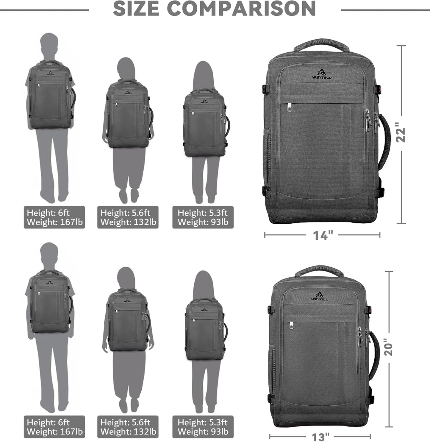 60L Travel Laptop Backpack for Men, Extra Large Backpack, Big Capacity Carry On Backpack, 18 -19 Inch Laptop Backpack with USB Charge Port Water Resistant Luggage Computer Daypack College Bag, Grey