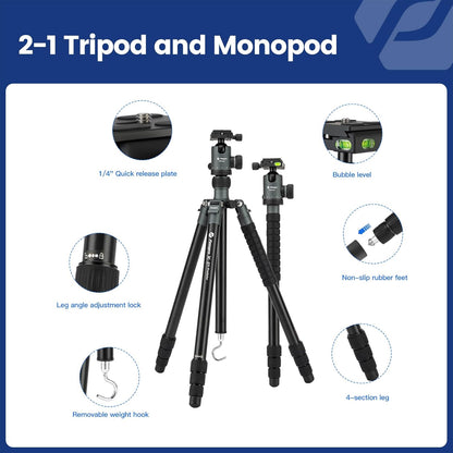 Fotopro 68" Camera Tripod for DSLR, Heavy Duty Compact Travel Tripod with Ball Head, Detachable Monopod with Quick Release Plate and Bag, Load up to 12KG/26.5lbs(Grey)