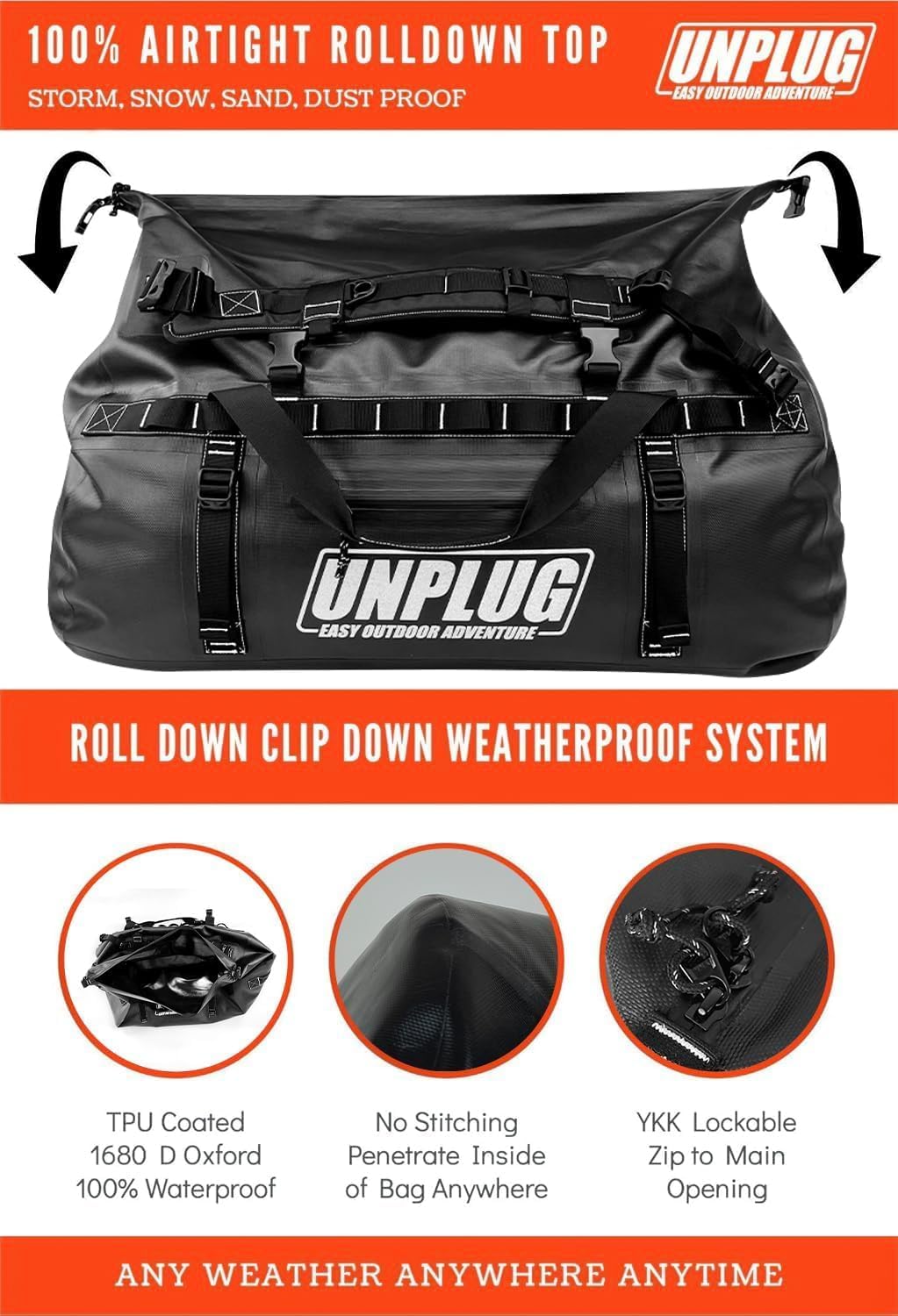 UNPLUG Ultimate Adventure Bag | 1680D Heavy Duty Waterproof Bag | Large Travel Duffle Bag which can be Used for Camping, Motorcycling, Boating, or Hunting (65L Blackops)