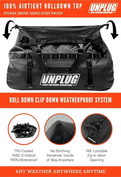 UNPLUG Ultimate Adventure Bag | 1680D Heavy Duty Waterproof Bag | Large Travel Duffle Bag which can be Used for Camping, Motorcycling, Boating, or Hunting (65L Blackops)