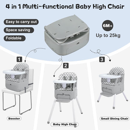 4 in 1 Portable Baby Highchair Convertible Highchair for Babies and Toddlers - Foldable Carry Small Box, High Chair, Infant Booster Seat, Dining Chair, Easy to Carry and Store (Grey)