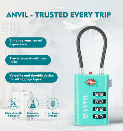 ANVIL 4 Digit Luggage Locks, TSA Locks for Luggage, Advanced TSA008 core, Alert Indicator for Your Travel Lock, Suitcase Lock. (4, Cyan)