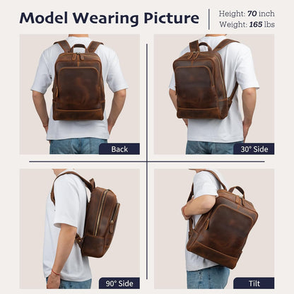 Leather Backpack for Men 15.6" Laptop Backpack 100% Madagascar top-Grain Leather Backpack Brown Medium Size