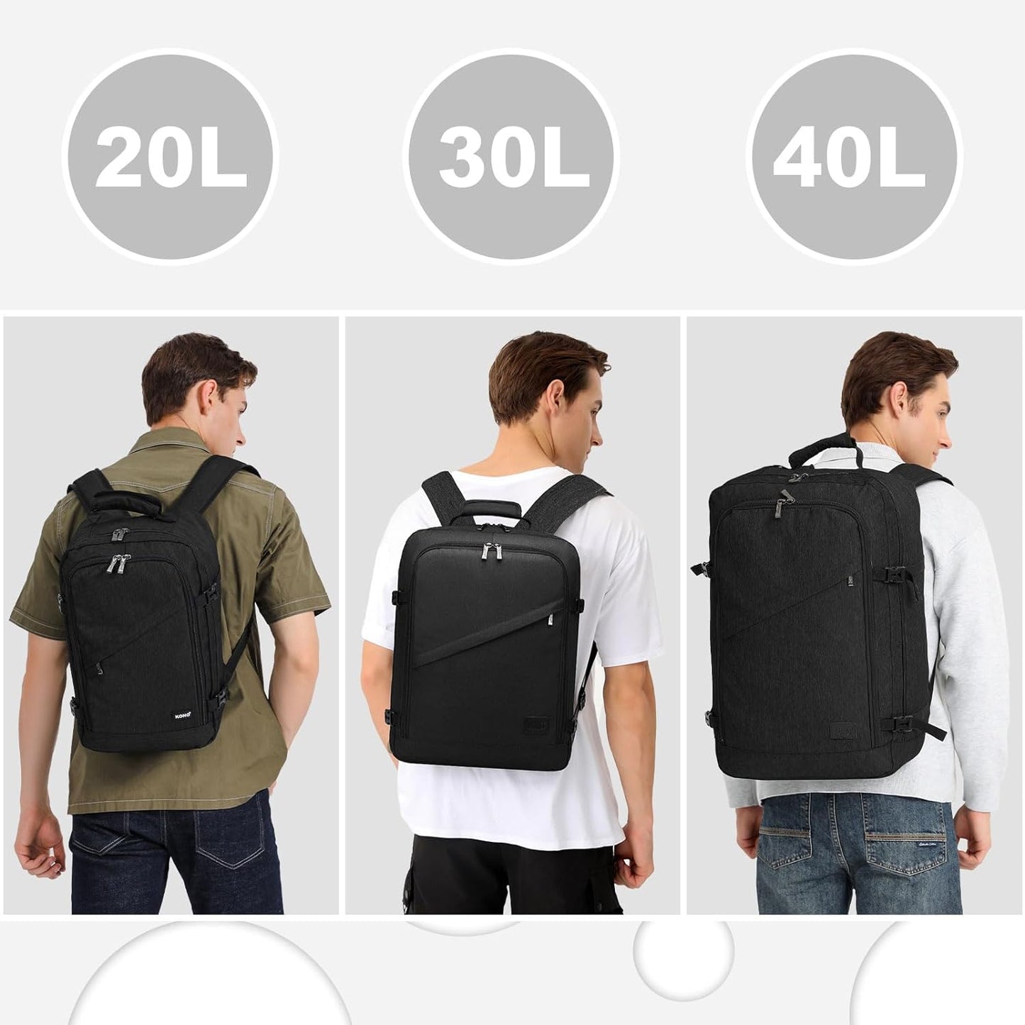 Kono Carry on Backpack, 16" Airplane Approved Under Seat Travel Backpack for Men and Women, Waterproof Lightweight Daypack for Flight 20L (Black, Small)