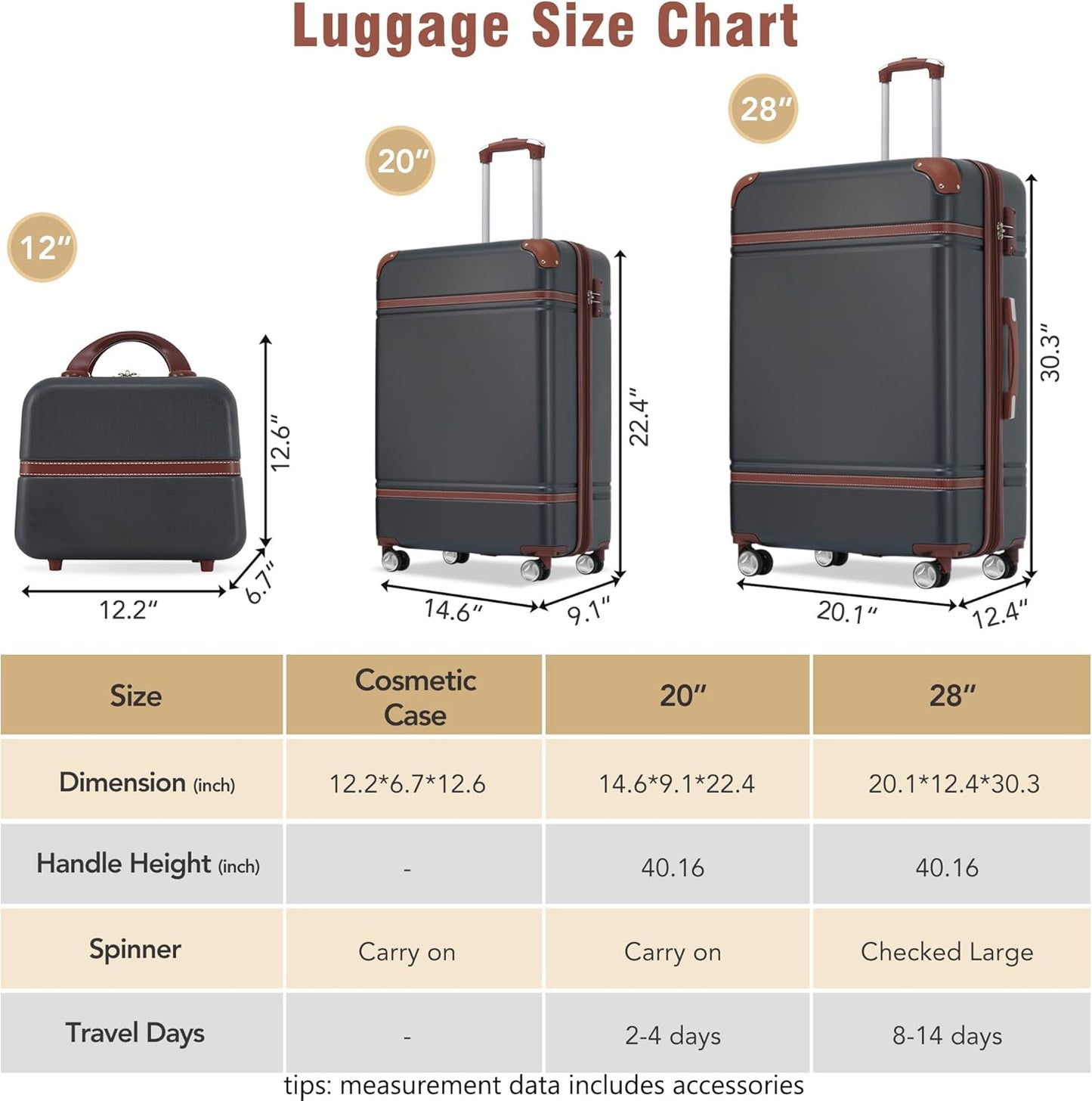 Merax Luggage Set 2 Piece Suitcase Set with Cosmetic Case Expandable Spinner Wheels Vintage Luggage Sets(Black,20"+28")