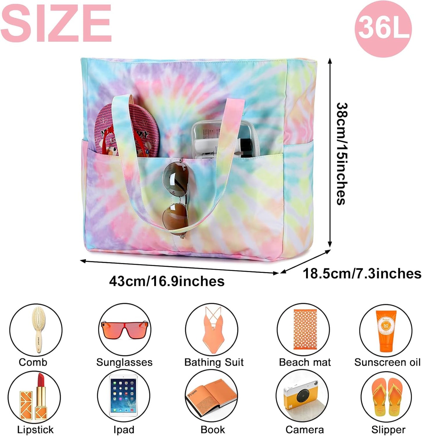 CAMTOP Waterproof Beach Tote Bag for Women Girls with Zipper Foldable Sandproof Pool Swim Bag Travel Carry On Gym