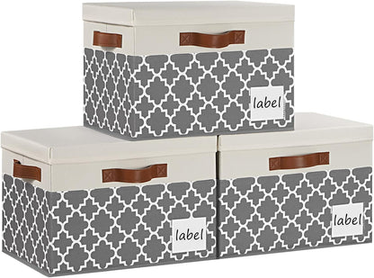 Large Storage Bins with Lids, Foldable Fabric Storage Baskets with Lids, Sturdy Storage Boxes with Labels and 3 PU Handles for Closet Home Bedroom Office (26L, 3 Packs, Grey Plaid&White)