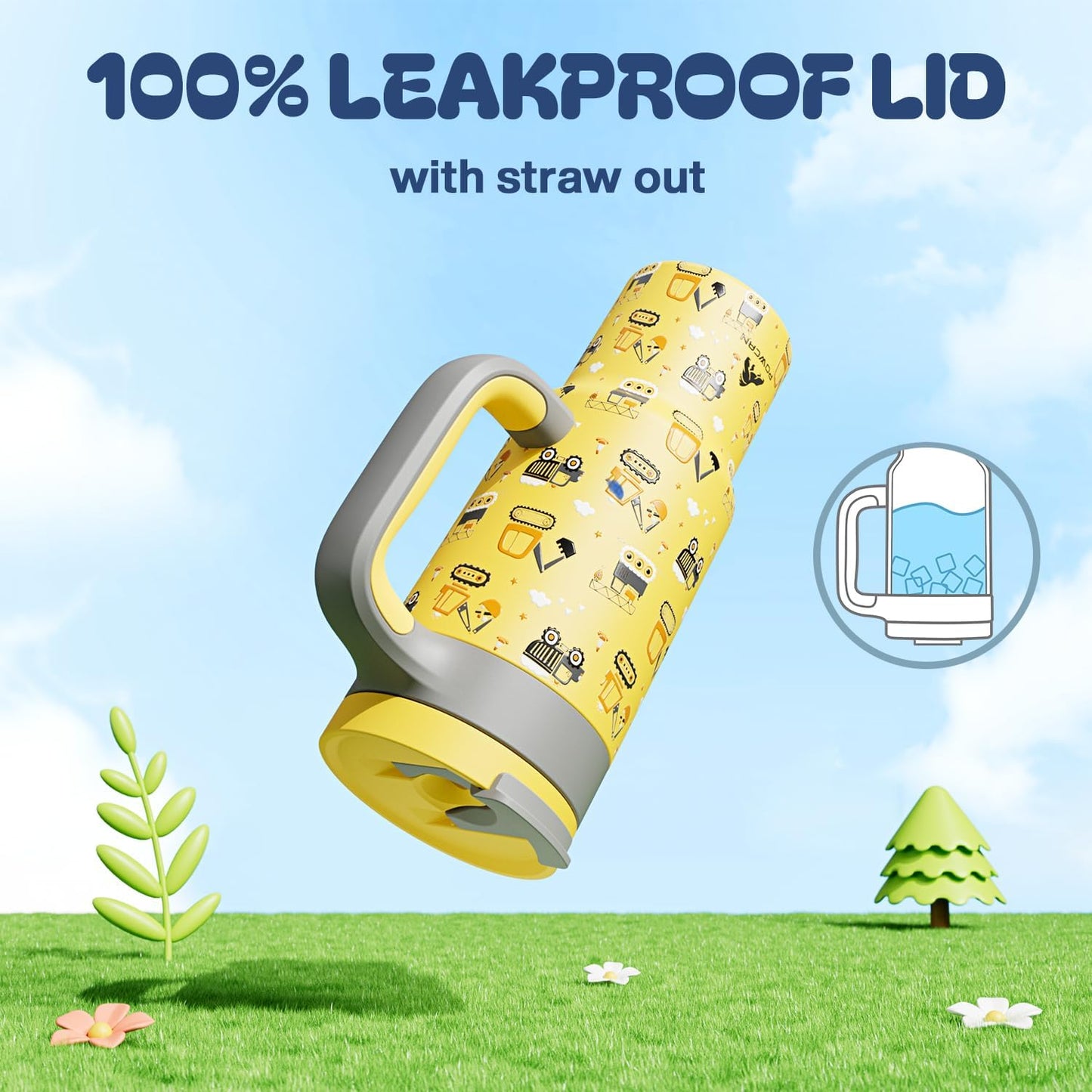 24 oz Stainless Steel Cup with Handle for Preschooler: BPA-Free, Lid with Straw, Easy to Clean, Car Cupholder Friendly, Insulated Tumbler for Playtime, Sports, Summer Camp, Vacation, Gift (Dig It Up)