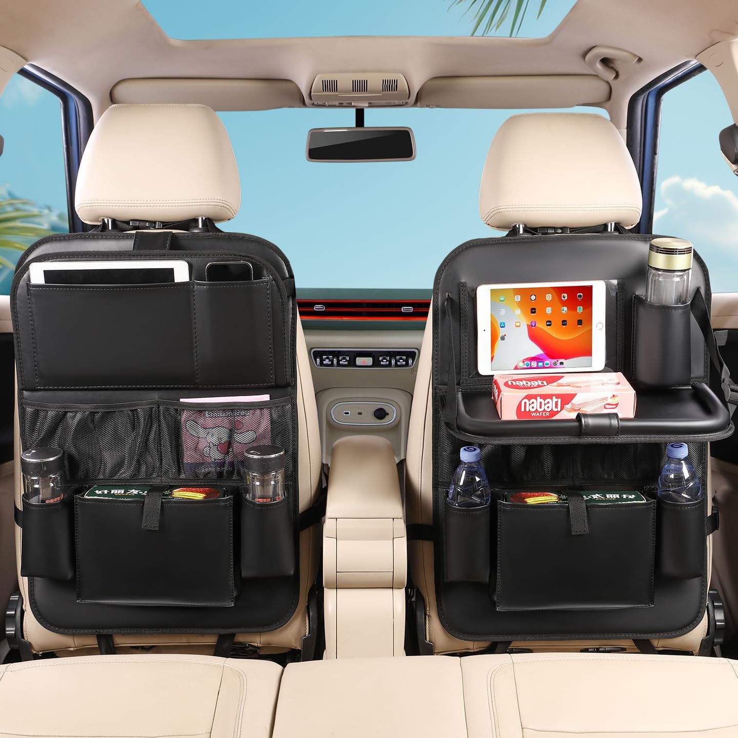 Leather Car Backseat Organizer with Tablet Holder - 9 Large Storage Pockets, Foldable Food Tray & Anti-Scratch Kick Mats - Universal Car Seat Protector for Kids, Pets & Travel Accessories 1 Pack