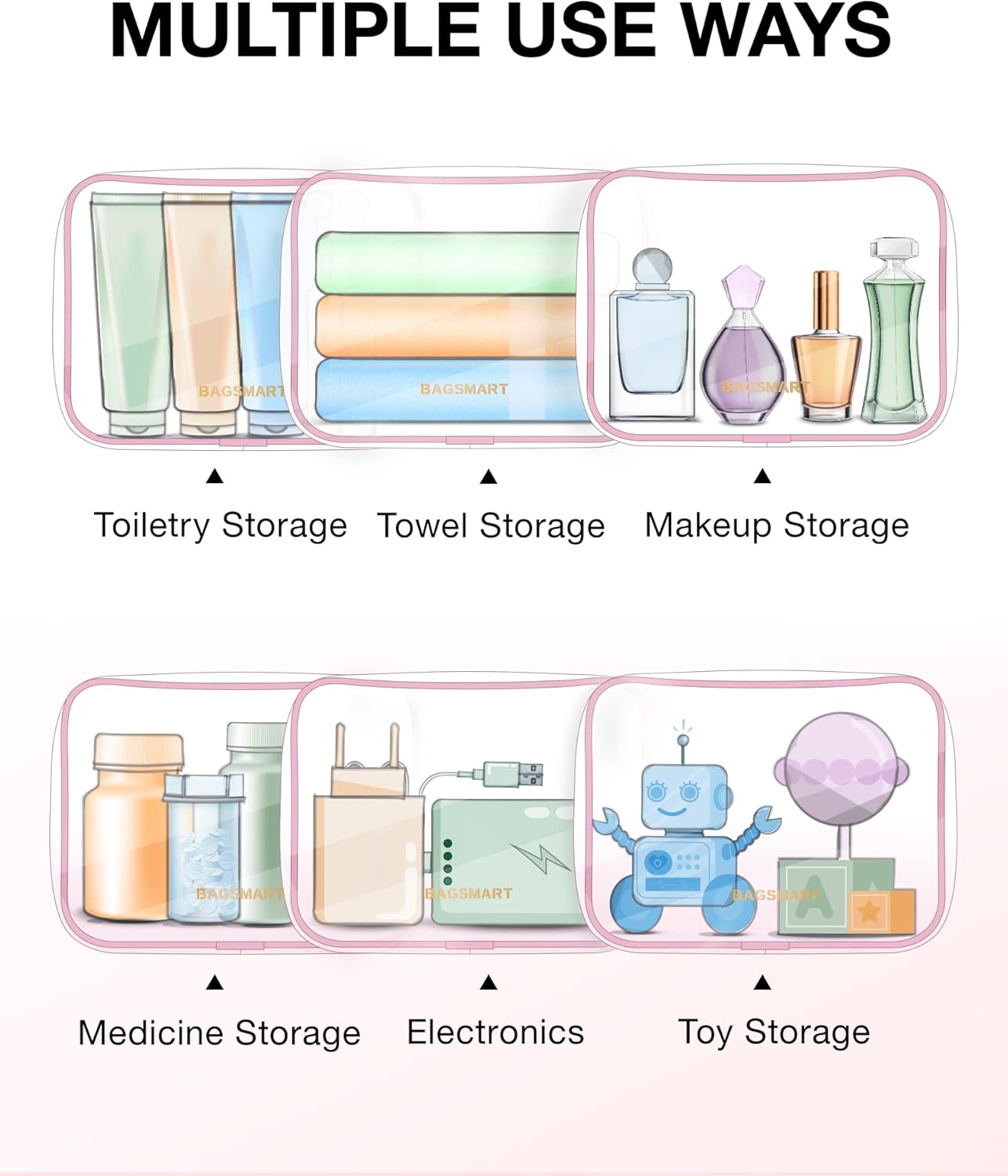 BAGSMART Clear Toiletry Bag, 3 Packs TSA Approved Water-resistant Quart Size Travel Organizer, Airport Airline Travel Essential Carry-On Makeup Cosmetic Bags for Women, Pink