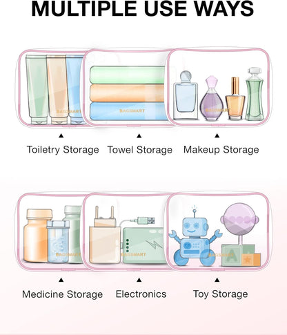 BAGSMART Clear Toiletry Bag, 3 Packs TSA Approved Water-resistant Quart Size Travel Organizer, Airport Airline Travel Essential Carry-On Makeup Cosmetic Bags for Women, Pink