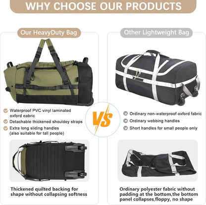 CONTAIL 86L Foldable Wheeled Duffel Backpack with Padded Quilted Bottom, Waterproof Collapsible Travel Duffle Bag with Extended Web Handles,No Telescope Handle,Army Green