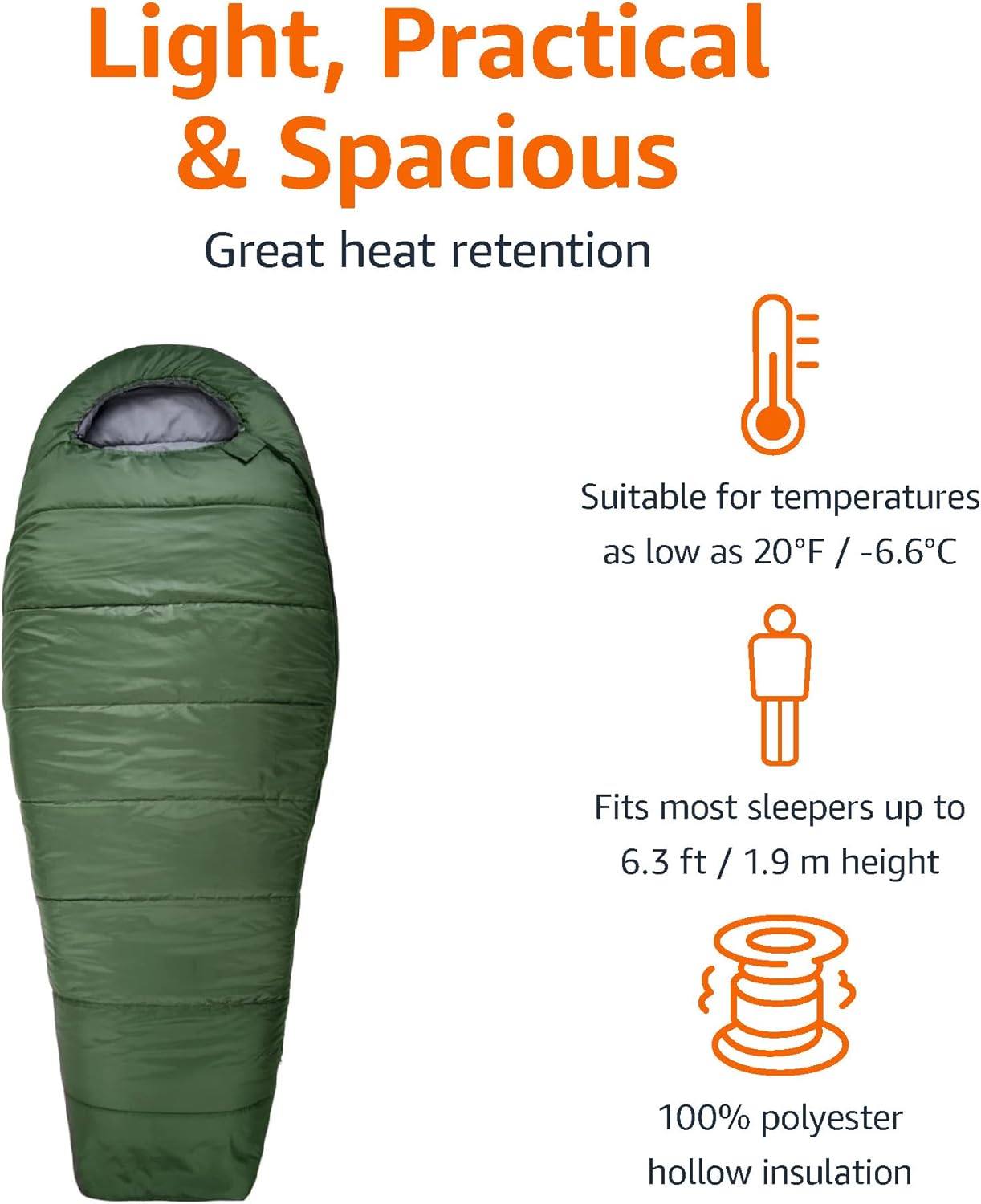 Amazon Basics 20°F Cold Weather Mummy Sleeping Bag, 82 Inches x 33 Inches, Olive Green