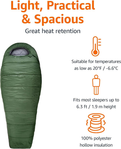 Amazon Basics 20°F Cold Weather Mummy Sleeping Bag, 82 Inches x 33 Inches, Olive Green
