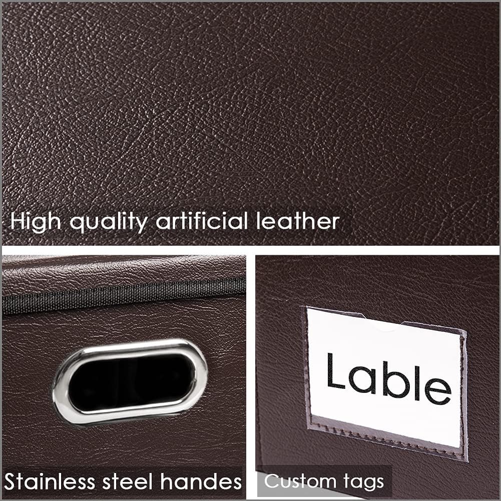 PRANDOM Collapsible Storage Box with Lid [1-Pack] Leather Fabric Foldable Storage Bin Organizer Container Basket Cube with Cover for Home Bedroom Closet Office Nursery Brown (22.8X15.7X11.8)
