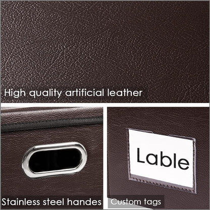 PRANDOM Collapsible Storage Box with Lid [1-Pack] Leather Fabric Foldable Storage Bin Organizer Container Basket Cube with Cover for Home Bedroom Closet Office Nursery Brown (22.8X15.7X11.8)