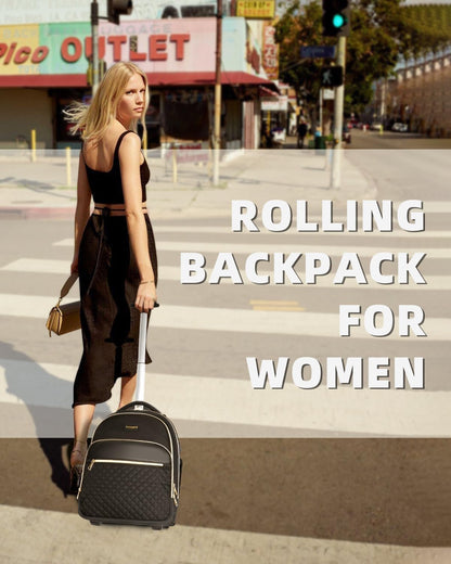 Small Rolling Backpack for Women, Lightweight Travel Backpack with Wheels, Roller Backpack for Adults, Water Resistant Rolling Laptop Bag, Wheeled Underseat Carry On Luggage, Black Gold