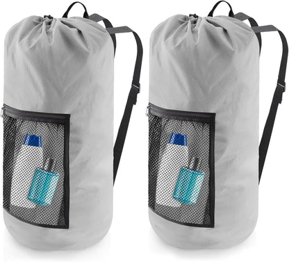 Laundry Bag Backpack, 2PCS Extra Large Travel Laundry Bag with Mesh Pocket & Adjustable Shoulder Straps,Dirty Clothes Travel Bag for College Students Dorm,Apartment(Light Gray)