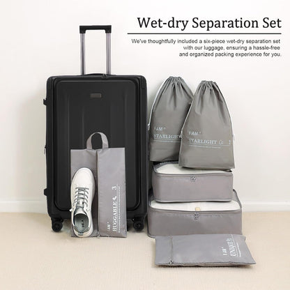 Premium Carry On Luggage, 29 Inch Top Opening Aluminum Frame Airline Approved ABS+PC Hard Shell Suitcases with Silent Wheels, TSA Lock, Front Pocket & Wet-dry Separated Six-piece set