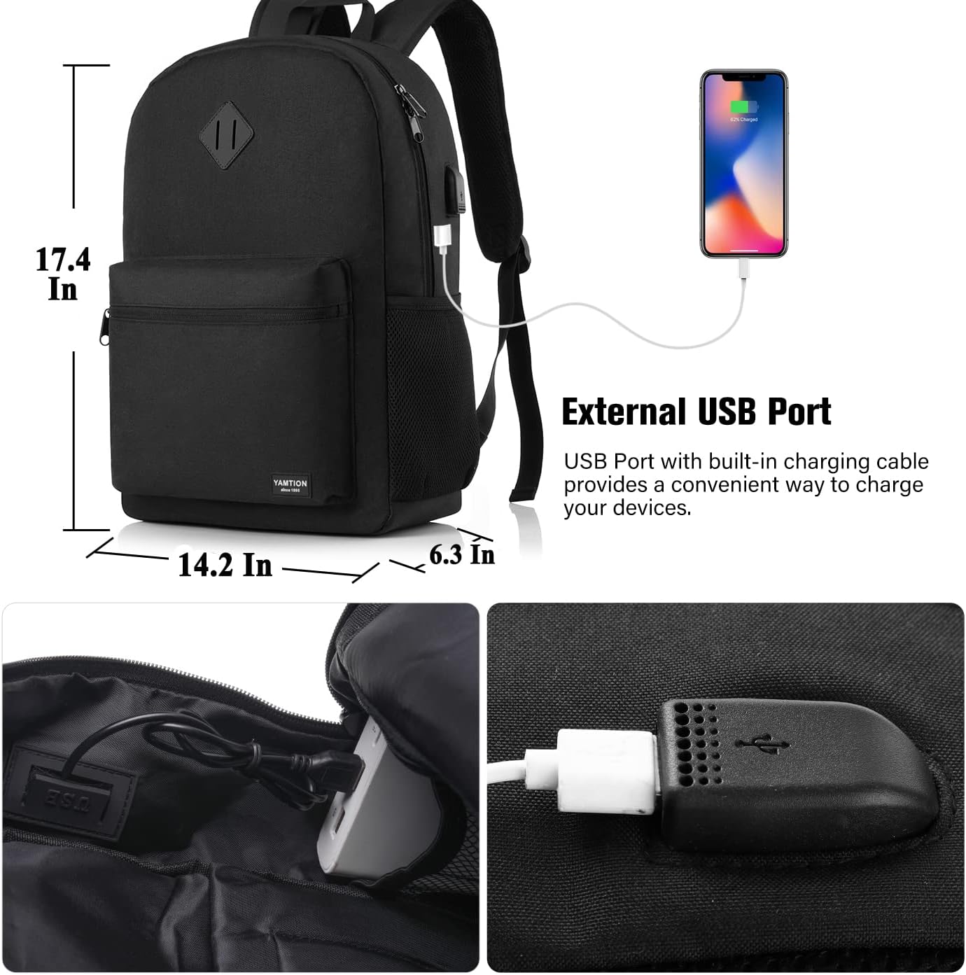 Black Backpack for Women Men,Casual School Backpack Teen Boys and Girls 15.6 Inch Laptop Bookbag with USB Charger for College High School Travel Business