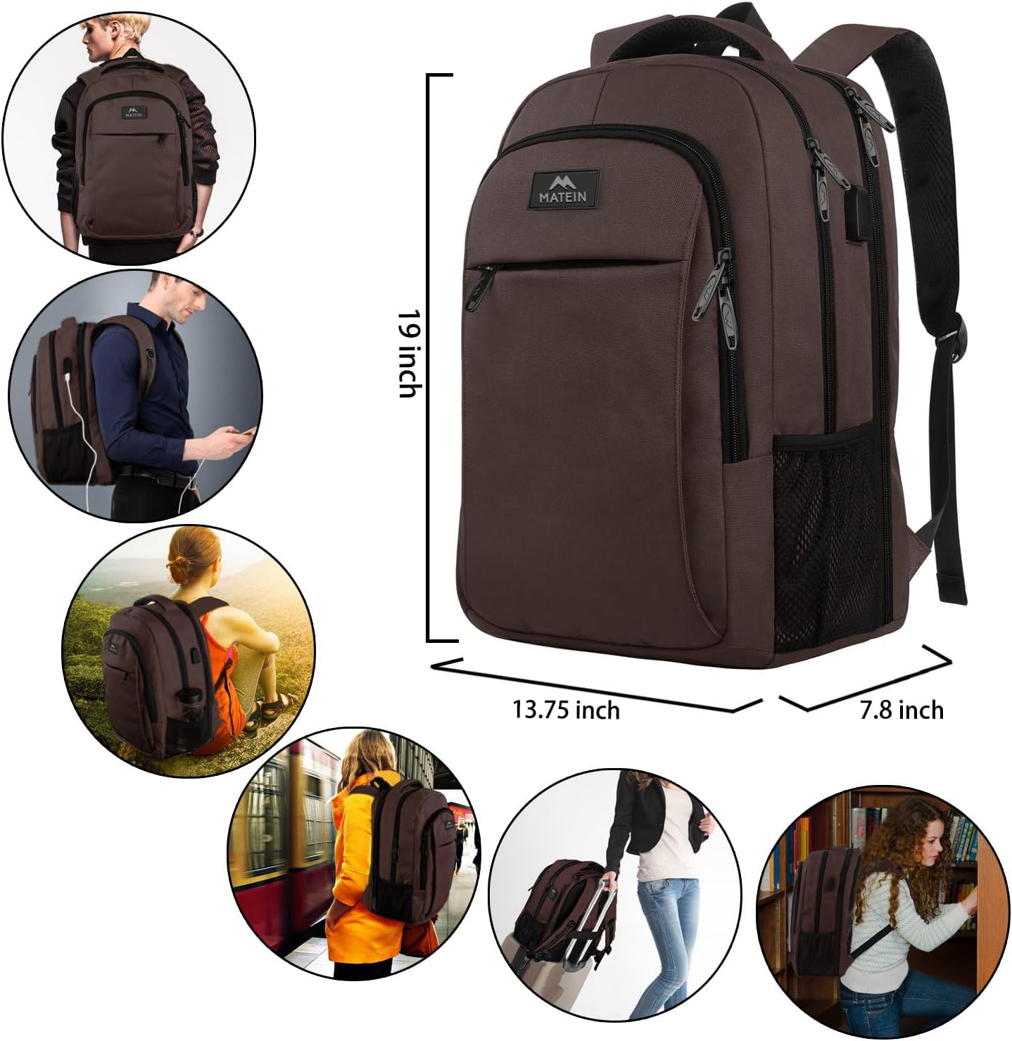 MATEIN Laptop Backpack, Extra Large TSA Friendly 17.3 Inch Travel Computer Backpack with USB Charging Port, Anti Theft Carry On Flight Approved Business Work College Backpack Bag for Men Women, Brown