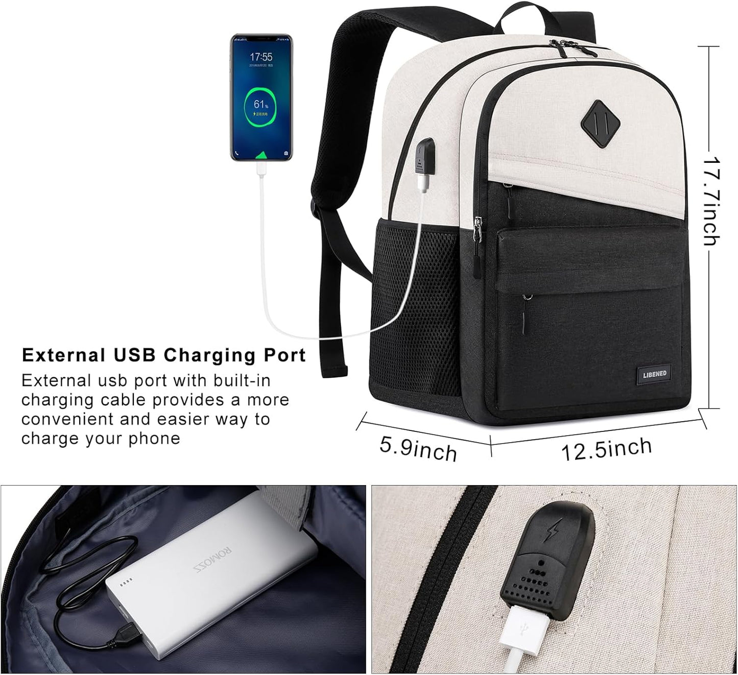 Backpack for Women, School Backpack with USB Charging Port for Teen Girls, 15.6 inch High College Bookbag Laptop Back Pack with Anti theft Water Resistant, Beige