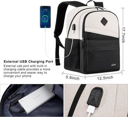 Backpack for Women, School Backpack with USB Charging Port for Teen Girls, 15.6 inch High College Bookbag Laptop Back Pack with Anti theft Water Resistant, Beige