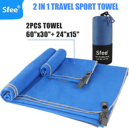 Sfee 2 Pack Microfiber Travel Towel, Quick Dry Beach CampingTowel Super Absorbent Compact Lightweight Sport Gym Towels for Beach, Gym, Hiking, Pool, Backpacking, Bath, Yoga