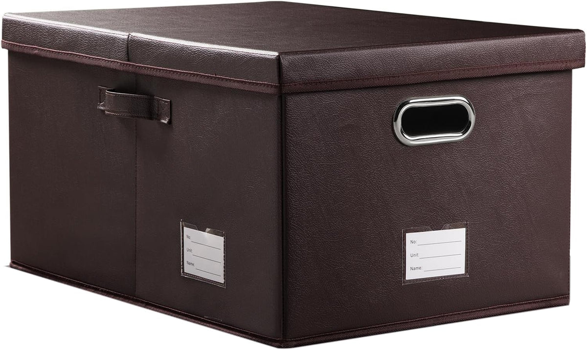 PRANDOM Collapsible Storage Box with Lid [1-Pack] Leather Fabric Foldable Storage Bin Organizer Container Basket Cube with Cover for Home Bedroom Closet Office Nursery Brown (22.8X15.7X11.8)