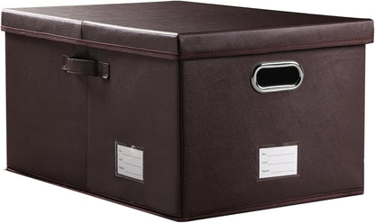 PRANDOM Collapsible Storage Box with Lid [1-Pack] Leather Fabric Foldable Storage Bin Organizer Container Basket Cube with Cover for Home Bedroom Closet Office Nursery Brown (22.8X15.7X11.8)