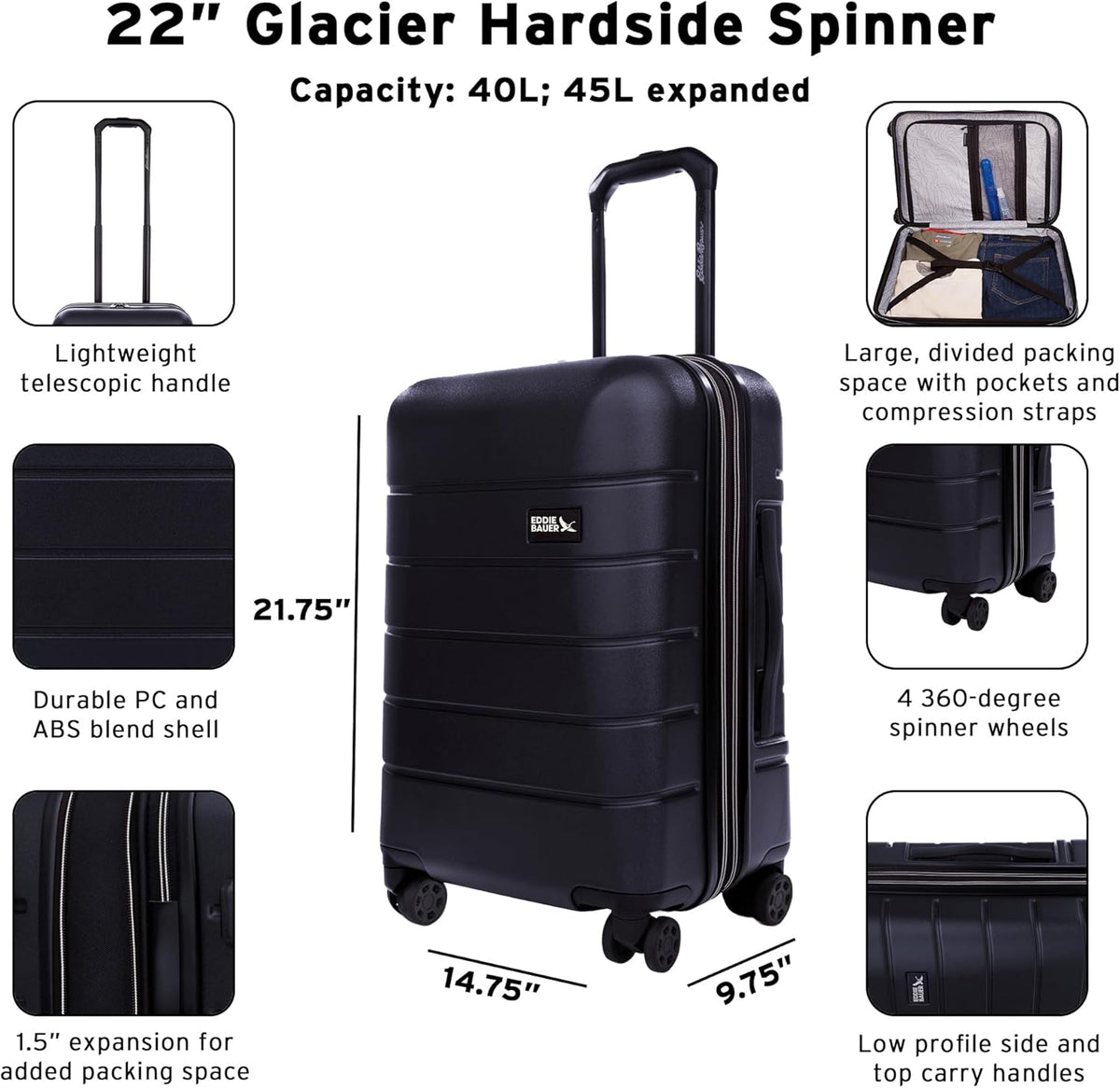 Eddie Bauer Glacier Carry-On 22" and Checked 30" Luggage | Hardside | Spinner Wheels | Expandable | Lightweight | Travel Essentials - Storm Blue