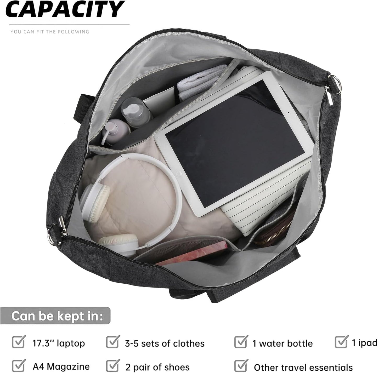 Travel Duffel Bag for Women Men,Sports Tote Gym Bag With Wet Pocke,Foldable Carry on Luggage Bag,Black