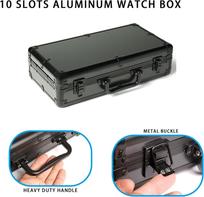10 slots Watch organizer Case, Aluminum watch storage box, hard watch travel box, padded case for watch display and organization