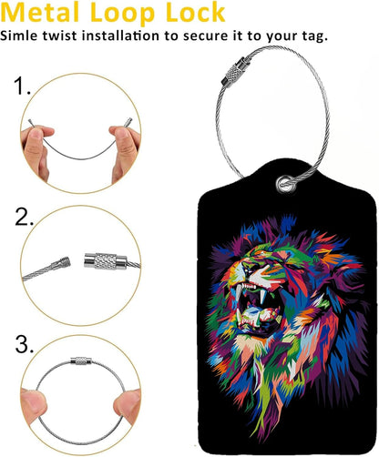 Colorful Lion's Roar Luggage Tags for Suitcases,2 Pack Luggage Tag, Leather Stainless Steel Loop Label Tag for Women Girl Travel Bag Suitcase
