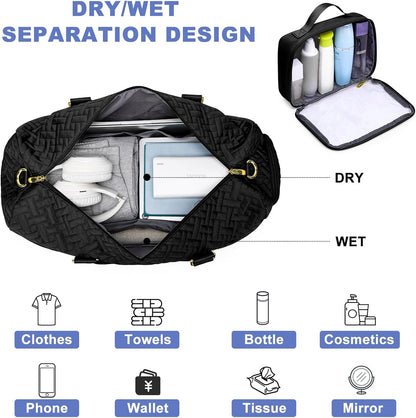 Women Duffle Weekender Travel Bag: Large Duffel Bags with Shoe Compartment Carry On Overnight Tote Bag with Wet Pocket Toiletry Bag Traveling Weekend Gym Yoga Hospital Bags for Labor & Delivery Black