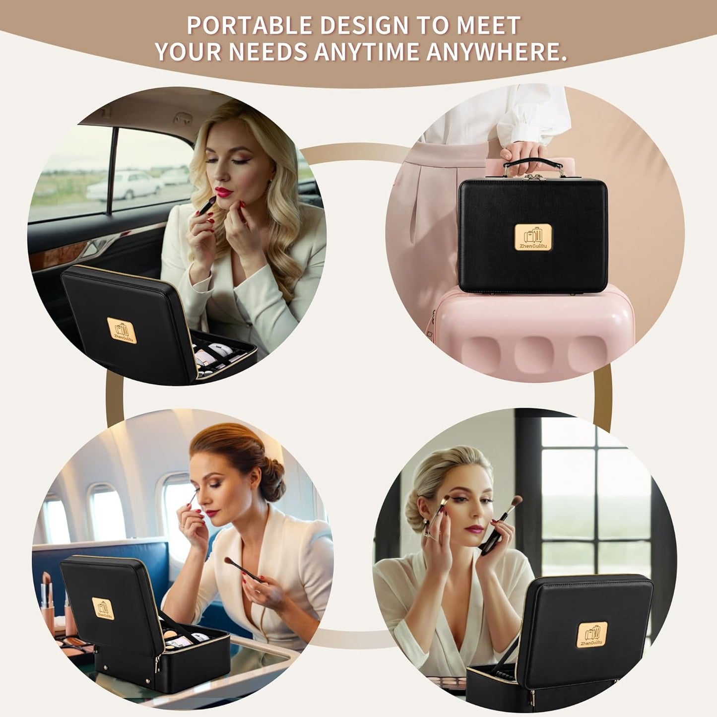 Makeup Bag with LED Mirror & Magnifier, Large Cosmetic Organizer Travel Makeup Case with Adjustable Brightness & 6 Detachable Dividers, Portable Makeup Storage for Women Girls (Black)