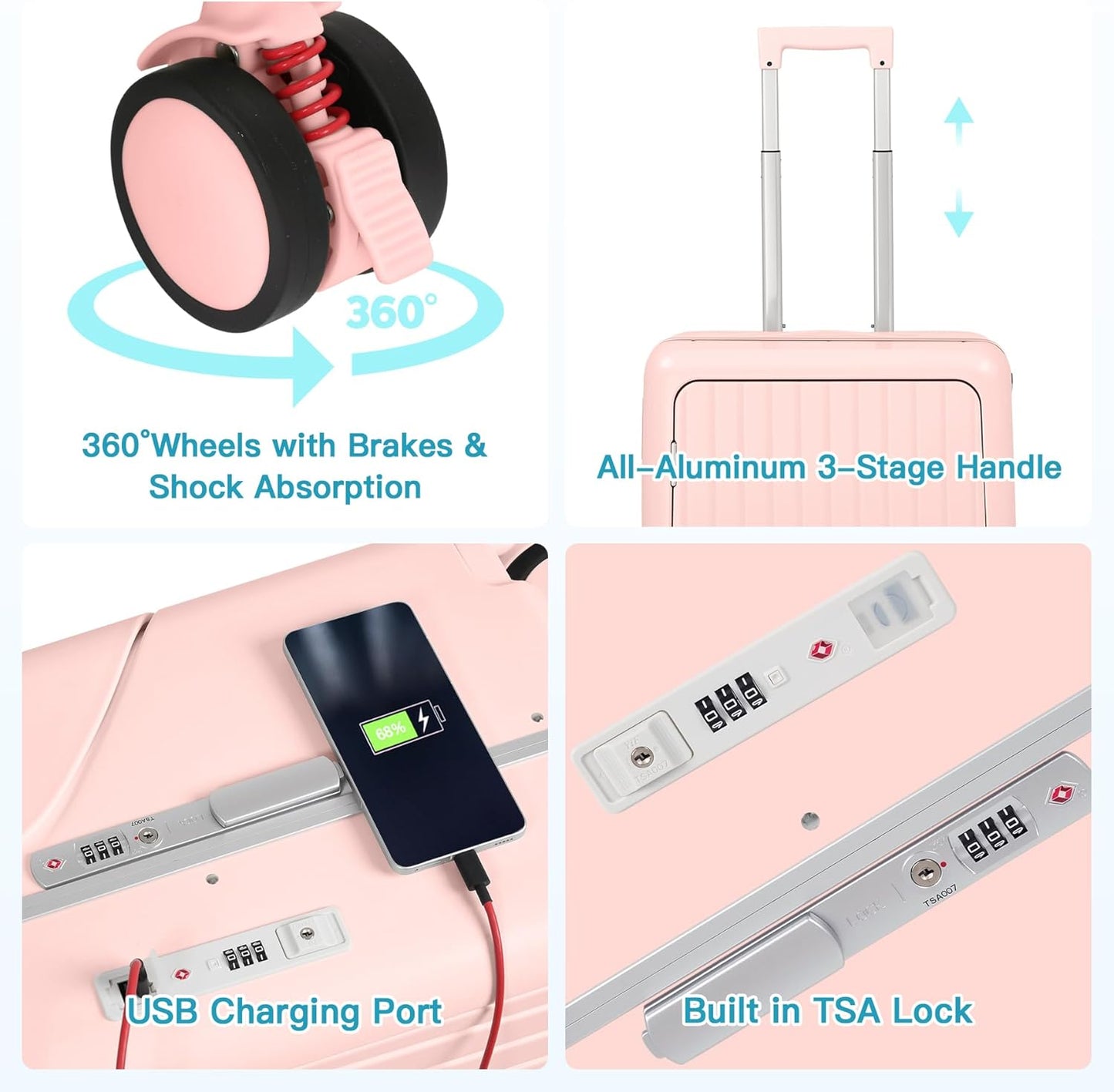 20" Carry-On Luggage with Seat for Kids & Adults, Lightweight Hardside Ride-On Suitcase with Front Opening, TSA Lock, 360° Spinner Wheels (Pink, 20-inch)