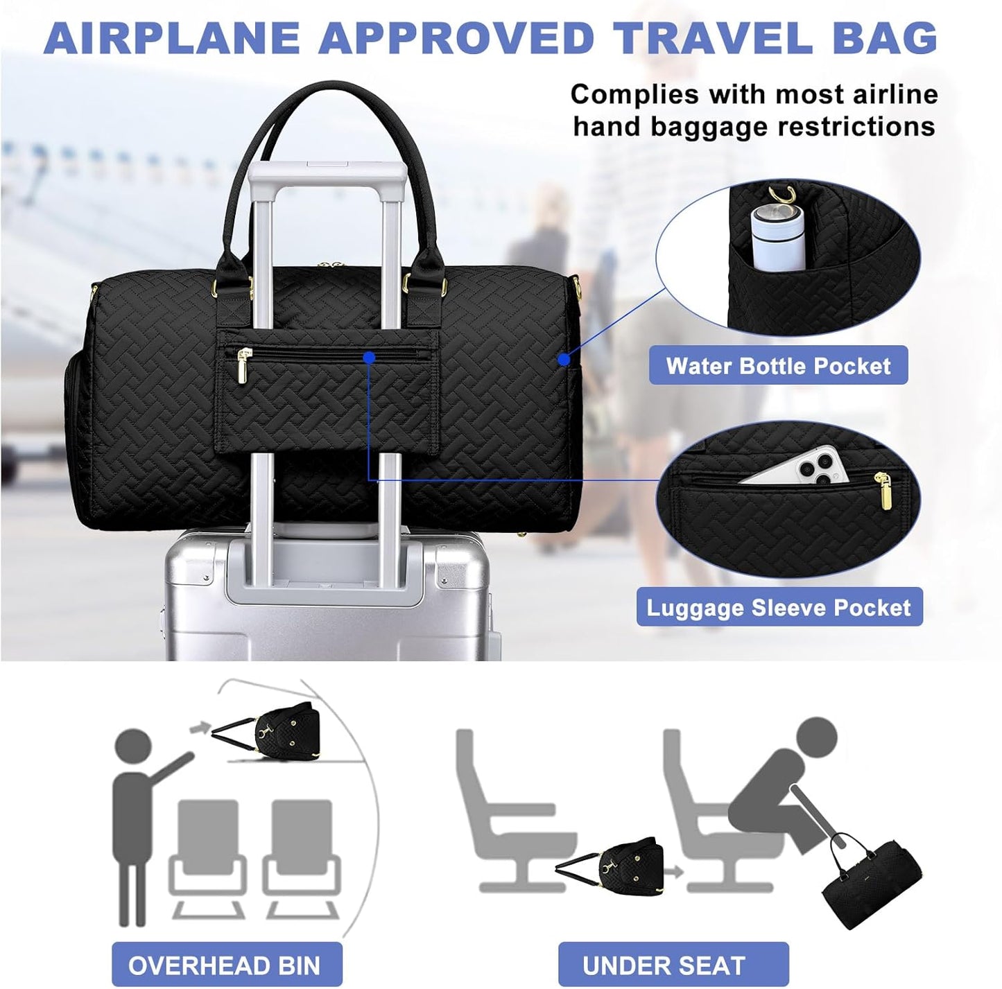 Women Duffle Weekender Travel Bag: Large Duffel Bags with Shoe Compartment Carry On Overnight Tote Bag with Wet Pocket Toiletry Bag Traveling Weekend Gym Yoga Hospital Bags for Labor & Delivery Black