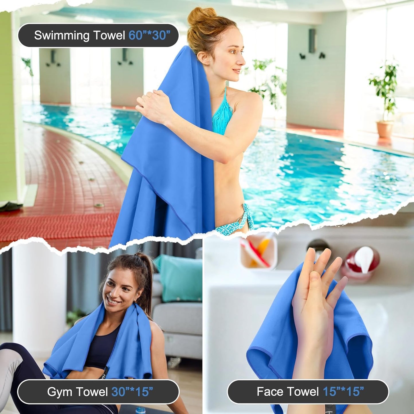 Quick Dry Travel Towel, 3 Sizes 1 Pack Camping Microfiber Towel, Lightweight Fast Drying Towels Set 60"x30", 30"x15", 15"x15" w/Bag for Gym, Beach, Hiking, Swimming, Dark Blue