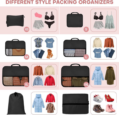 8 PCS Compression Packing Cubes for Travel Women, Compression Organizer for Luggage Space Saving Travel Essentials and Carry on, Luggage Organizer Bags for Suitcase - Black