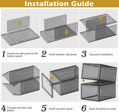 7 code Thicken & Sturdy Clear Shoe Storage Organizer with Magnetic Door, Stackable Boxes for Closet, Foldable Shoe Rack for Sneaker Boot Container, Plastic Shoe Cabinet Shoe Box 6 Pack, Black