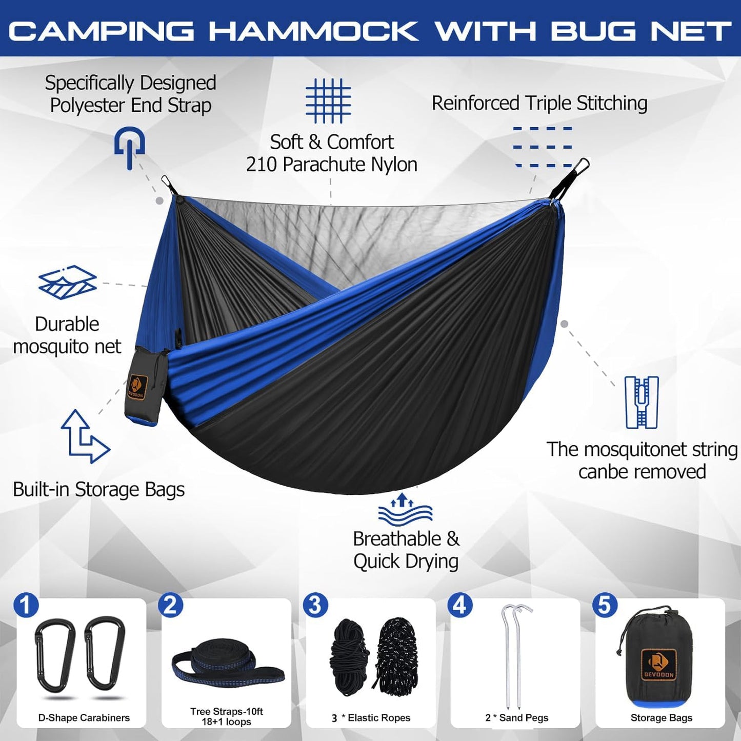 Camping Hammock, Portable Hammocks with Mosquito Net,Lightweight Nylon Parachute Hammock with 10ft Tree Straps,Camping Gear Must Haves for Travel Hiking Backpacking Beach Patio-Deep Grey&Blue