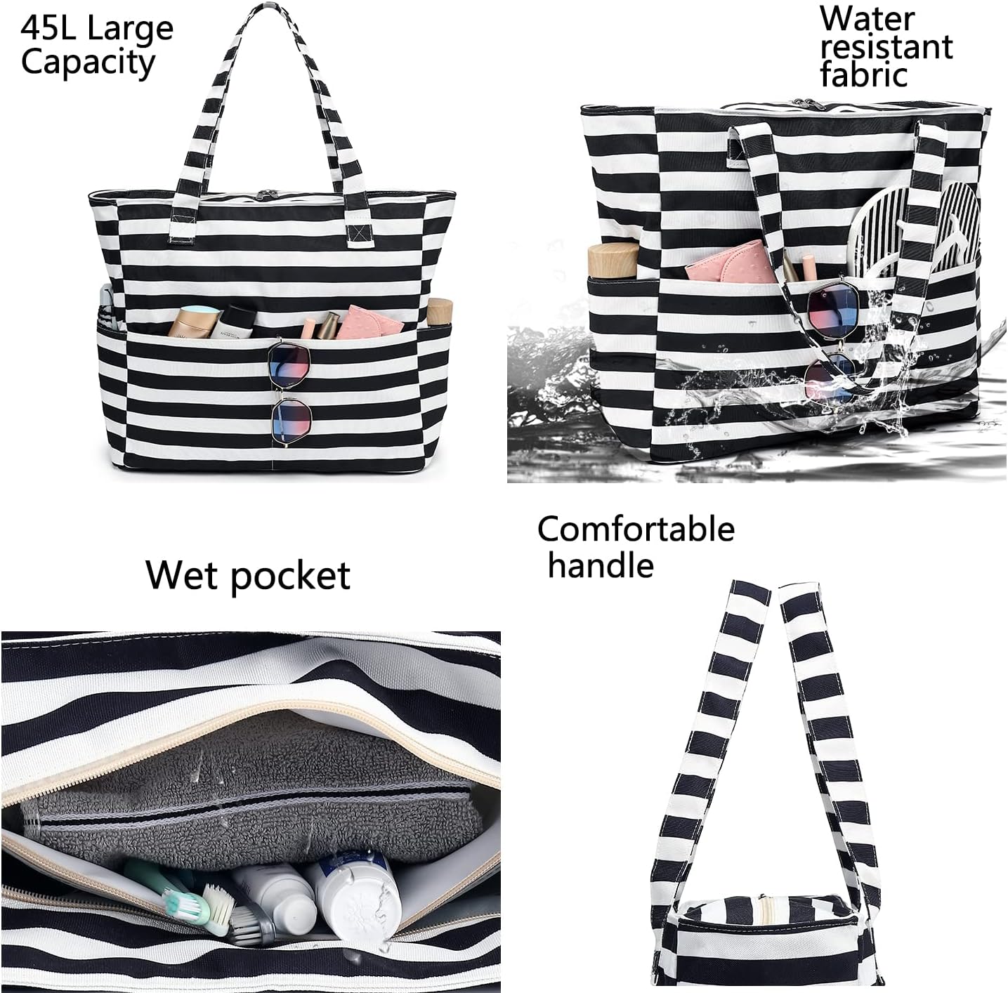 LEDAOU Beach Bag Waterproof Sandproof Women Tote Bag Pool Bag with Zipper for Gym Grocery Travel with Wet Pocket